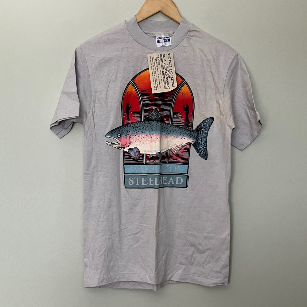 NWT Vintage Hanes Beefy-T Gray Fishing Graphic Tee Single Stitch made in USA